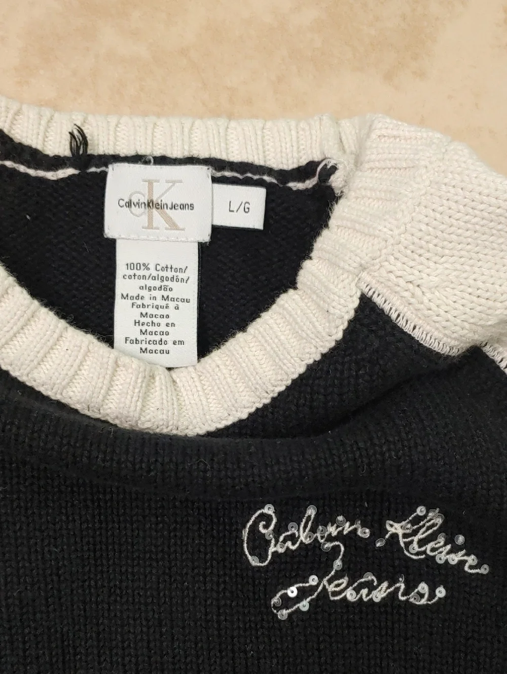 Vintage 90s Calvin Klein Sweater Two Tone Sequin Embroidery Women's Size L
